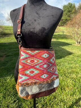 Myra Bag Southwest Crossbody Purse Genuine Leather & Cowhide Aztec Pattern Boho